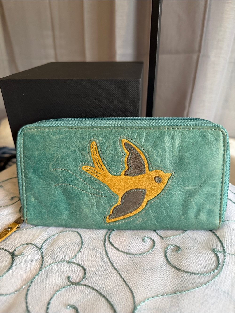 Fossil Teal Zip Wallet with Yellow Bird Appliqué